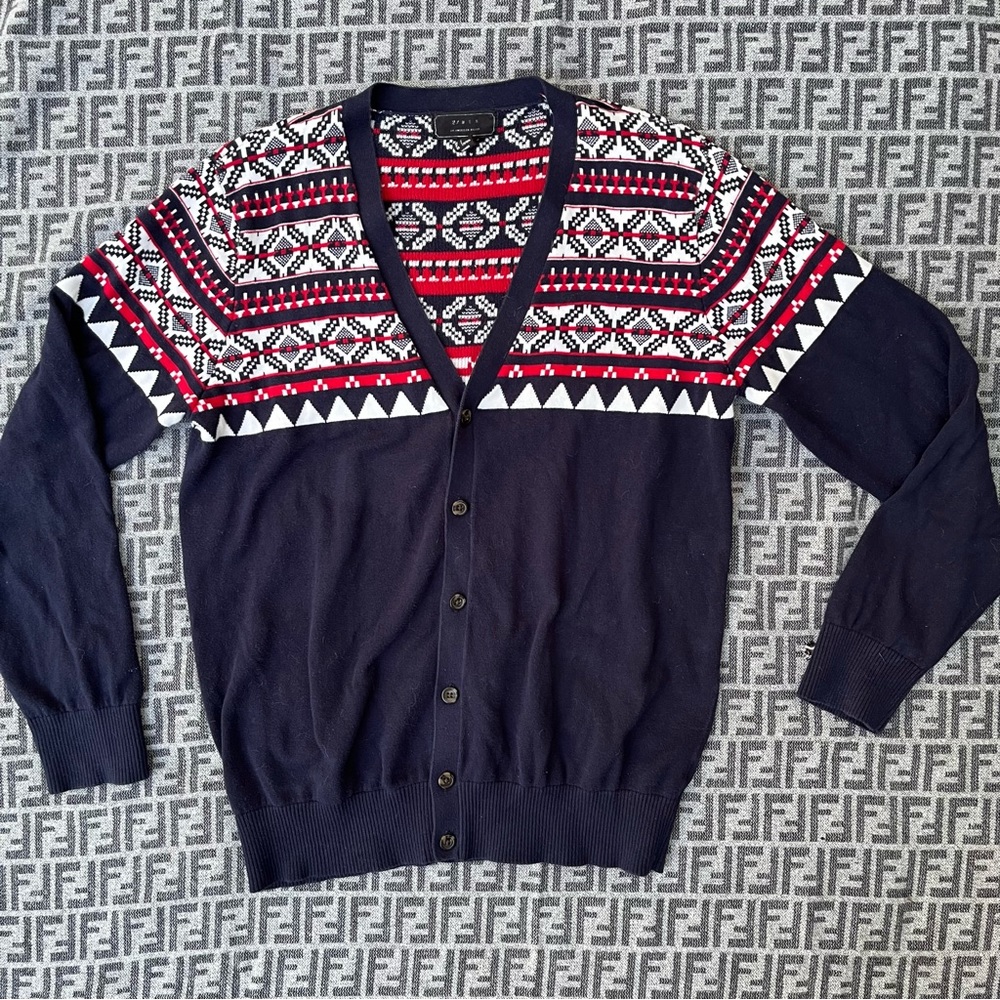 21 MEN Long Sleeve Cardigan Sweater - Navy Blue, Red, White - Large